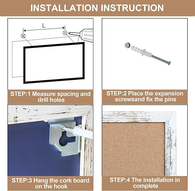 Cork Bulletin Board, 48 X 32 Inches White Framed Message Vision Board, Large Wall Mounted Notice Memo Pin Board with 28 Push Pins
