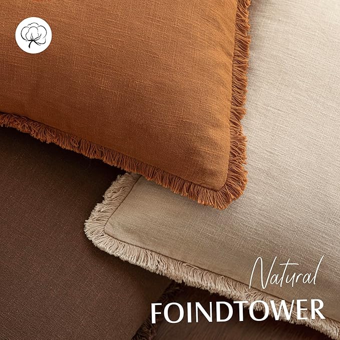 Foindtower Set of 2 Decorative Linen Fringe Throw Pillow Covers Cozy Boho Farmhouse Cushion Cover with Tassels Soft Accent Pillowcase for Couch Sofa Bed Living Room Home Decor, 24×24 Inch, Orange