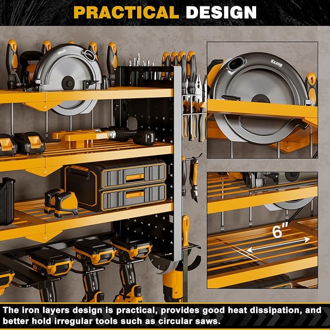 NattyDot Power Tool Organizer Wall Mount with Charging Station 4 Layer 6 Slot Cordless Drill Holder with Angle Grinder Holder (Yellow)