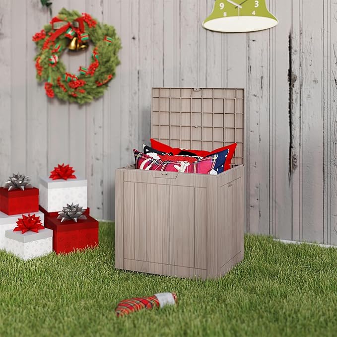 Yardgrace 35 Gallon Small Waterproof Outdoor Storage Box, Resin Deck Box Lockable for Patio Furniture, Garden Tools, Pool Accessories, UV-Resistant for All Weather Use, Greige