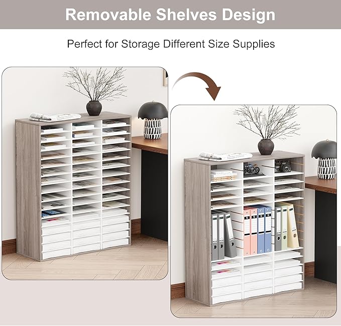 EasyPAG Wooden Literature Organizer with Adjustable Shelves, 48 Compartments Office Paper Organizer Storage 24000 Sheets Letter Size Paper, Student Mailbox for Classroom, Retro Gray/White