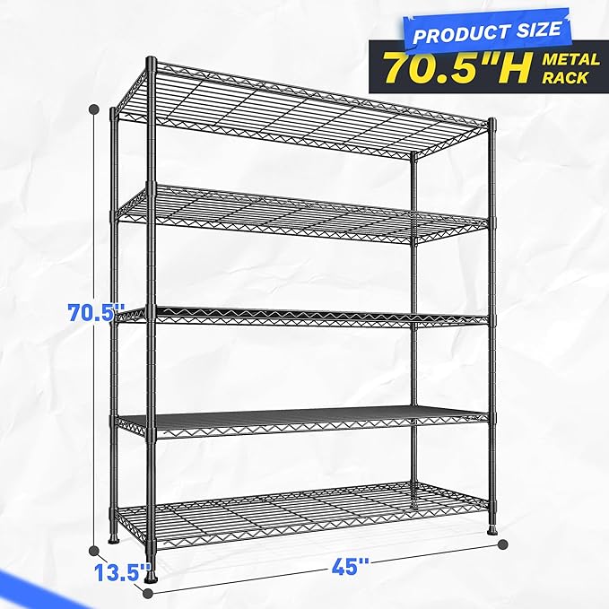 45 "W Storage Shelves 5 Tier Wire Shelving Unit Adjustable Metal Shelving Wire Shelf Pantry Shelves Wire Commercial Rack for Closet Kitchen Pantry Utility Room Garage 45" Wx 13.5" Dx70.5 H Black