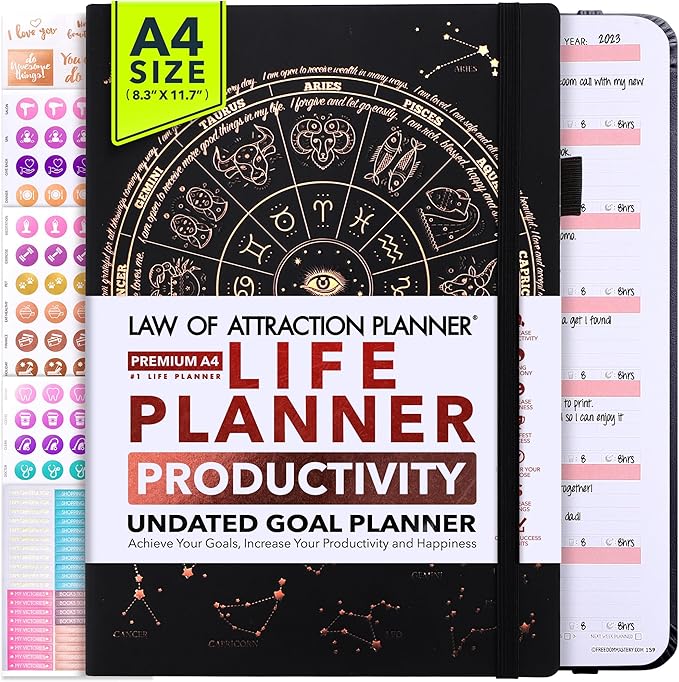 Life Planner - Undated Weekly & Monthly Planner, 12-Month Journey to Increase Productivity | Gratitude Journal, Life Organizer & Goal Journal | Include Foldable Vision Board, Habit Tracker & Stickers
