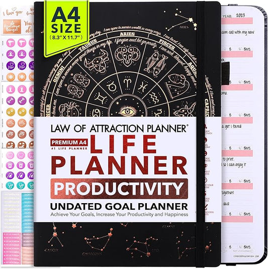 Life Planner - Undated Weekly & Monthly Planner, 12-Month Journey to Increase Productivity | Gratitude Journal, Life Organizer & Goal Journal | Include Foldable Vision Board, Habit Tracker & Stickers