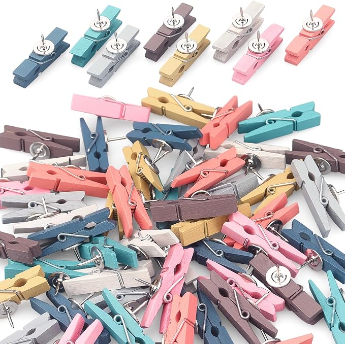 JOANCÉE 50 PCS Wooden Clips Colorful Push Pins Tacks for Cork Board Artwork, Crafts Arts Projects(Morandi)