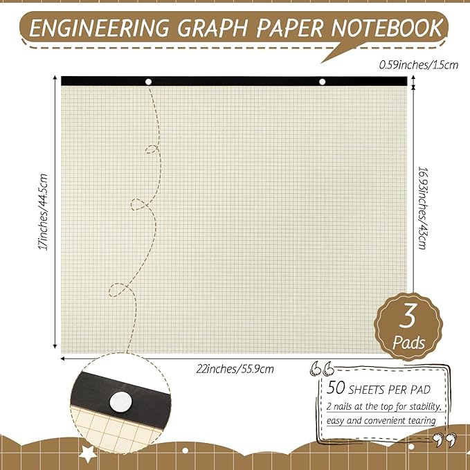 Fainne 3 Pcs Large Engineering Graph Paper Pad Giant Drafting Pad Blueprint Sketching Graph Paper Engineer Architect Designer Mathematician Draftsman (Beige, Brown, 22x17 inches)