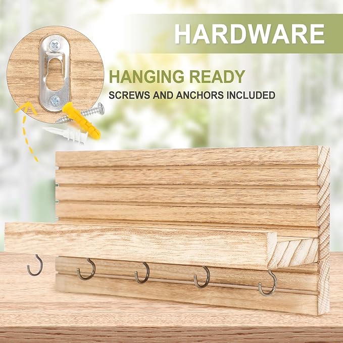 Lwenki Decorative Key Holder for Wall with Shelf, Entryway Shelf with Hooks Holds Leashes, Jackets and Glasses – Sturdy Wood Keyholder Entrance Hanger with Mounting Hardware (Wood, Medium)