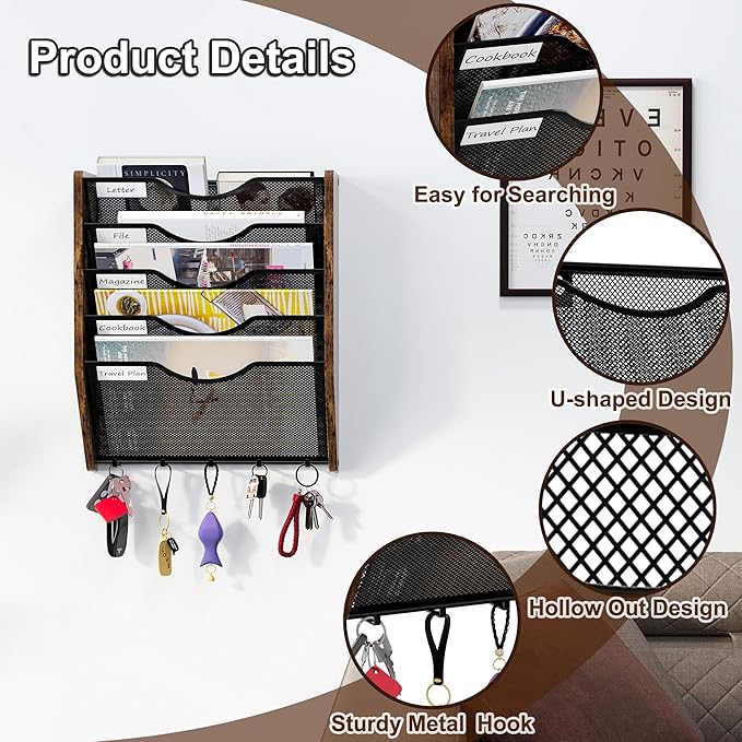 PAG-Mass Wall File Organizer With Hooks, 5 Tier Mesh Mail Organizer Wall Mounted,Hanging File Organizer,Magazine Holder for Documents,Magazine,Literature,File,Mails,Envelopes