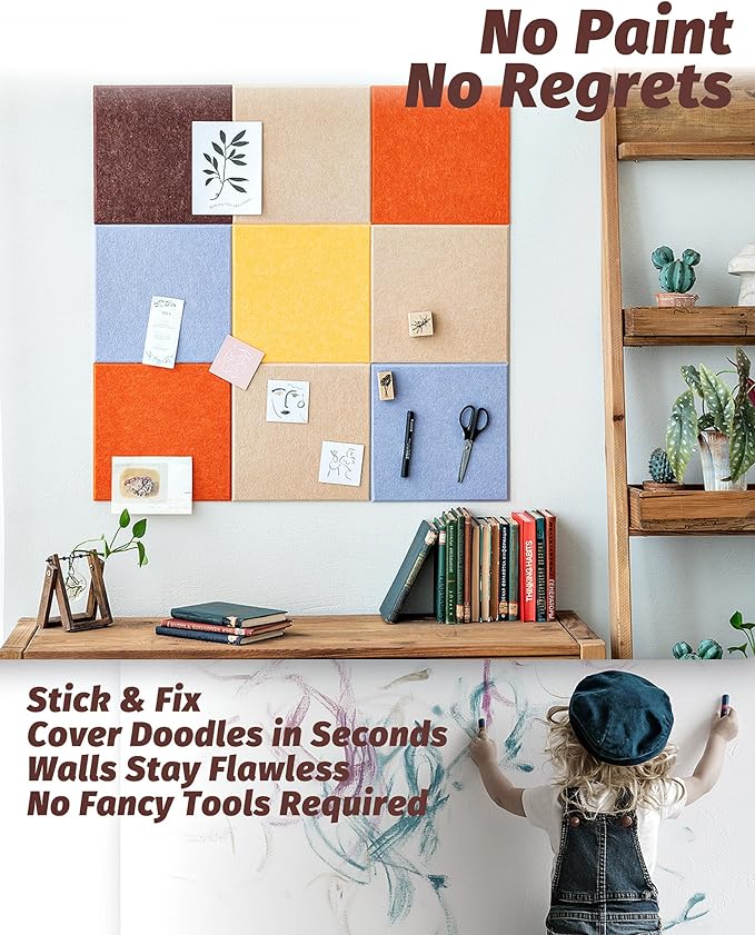 Felt Bulletin Board Wall Tiles, Cork Board Alternative with Removable Adhesive Dots for Walls, Picture Board for Office, Stylish Home, Playroom 11.8"x11.8", 9 Pack (Zesty)