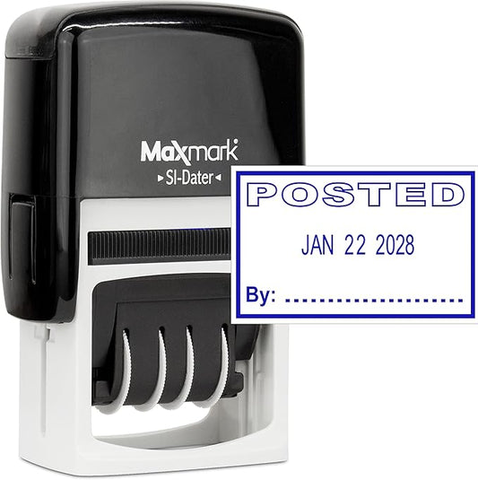MaxMark Office Self Inking Date Stamp with Phrase Posted - Blue Ink
