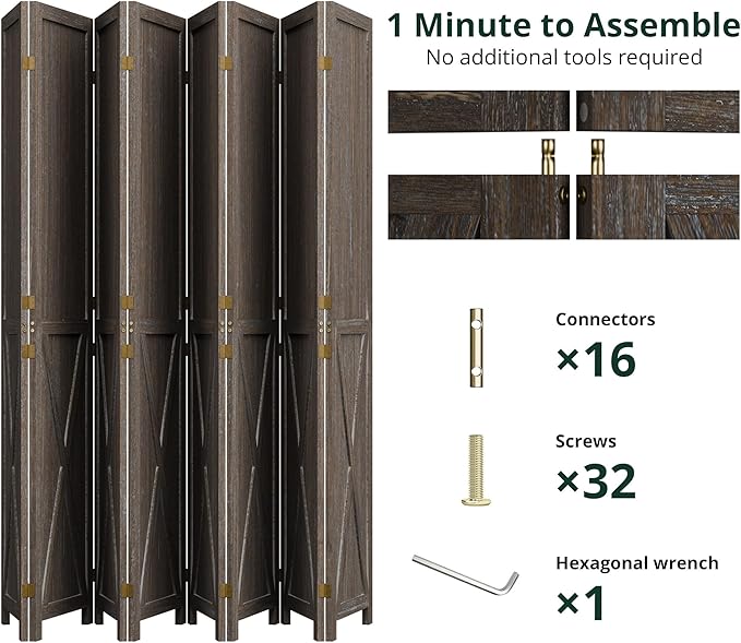 Cozy Castle Wood Room Divider, 8 Panels Folding Privacy Screen, 66.9'' Wall Divider, Barnwood Room Separator, Freestanding Partition, Temporary Wall for Decorative, Rustic Brown