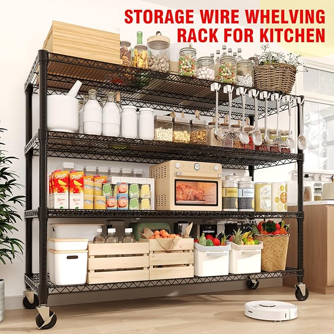 MilleLoom 72" H X 59 W X18 D Storage Shelves with Wheels, 4 Tier Wire Shelving Adjustable Metal Shelving Shelves Capacity 2640LBS Heavy Duty Shelf for Garage Shelving, Pantry, Kitchen, Commercial