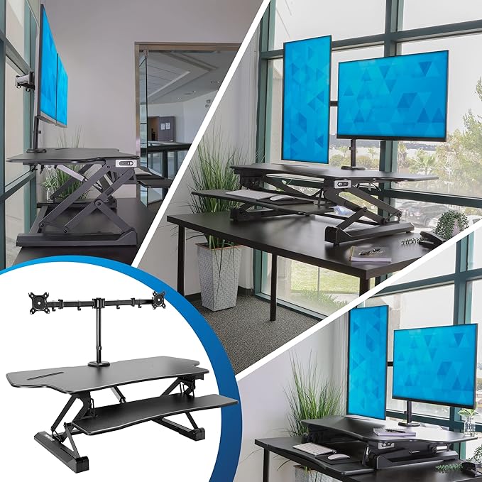 Mount-It! Electric Standing Desk Converter with Dual Monitor Arm, Stand Up Desk Riser X-Large 47.2" Wide, Electric Desk Riser with Mount for 2 Screens (Max 32"), Desktop with Keyboard Tray, USB, Black