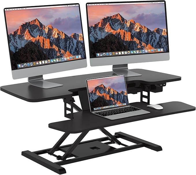 SANODESK 40" Electric Standing Desk Converter， Height Adjustable Riser for Office Home,Dual Monitor and Laptop Workstation with Large Keyboard Tray, Black Color