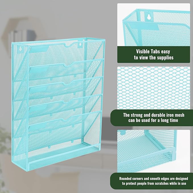 EASEPRES 6 Tier Mesh Hanging Wall File Organizer, Desk Vertical Mail Paper Document Folder Holder Rack with Bottom Tray and Nametag Label for Office Home School, Blue