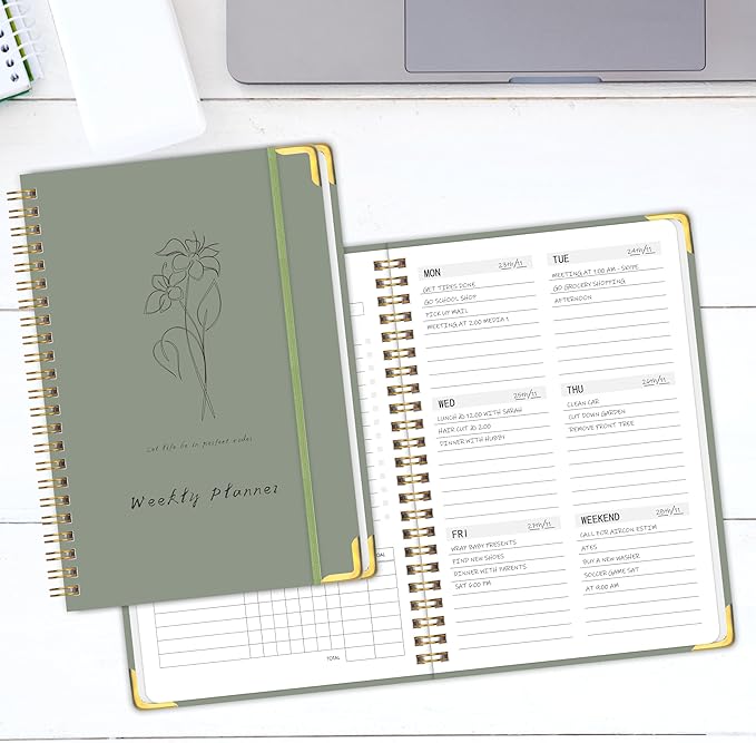 Undated Weekly Planner with Metal Corner Hardcover Notebook , A5 Size Journal with To Do List Planner, Habit Tracker,Weekly Goals for ADHD,Student, Office, Women, Men ,Gifts,6 x 8 inches，Spiral Bindding ,Green