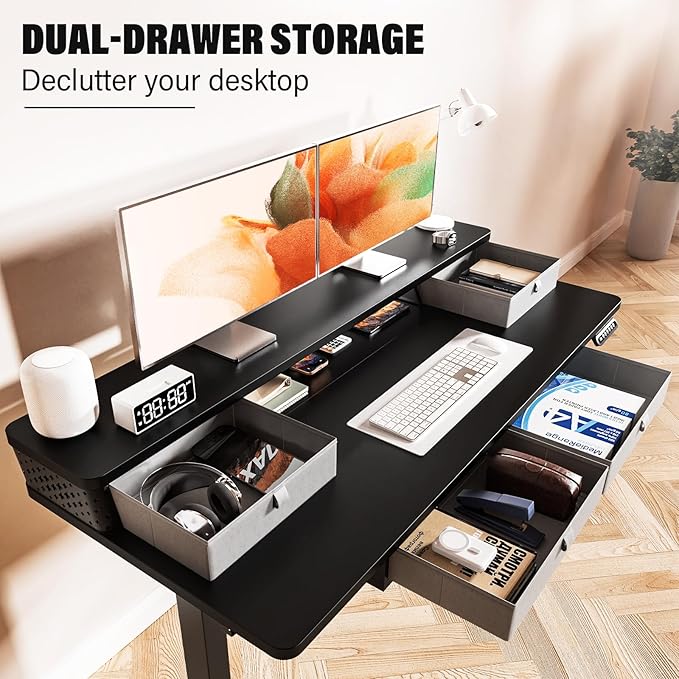 Kingant 55 x 24 Inch Electric Standing Desk with 4 Drawers, Height Adjustable Sit to Stand Computer Desk with Storage Shelf and C-Clamp Mount Compatibility for Home Office, Black