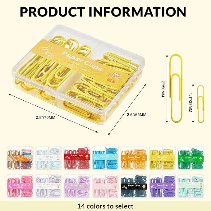 NEEWAY Colorful Paper Clips Assorted Sizes, Small and Large Paper Clips, 210 Count, 3 Pack of 70 (Yellow)