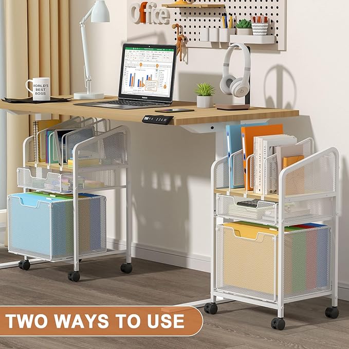 Rolling File Cabinet with Adjustable Dividers, Mobile Filing Cabinet with 2 Storage Drawers on Lockable Wheels, Hanging File Organizer Beside Under Desk for Office, Home, White（Patent Pending）