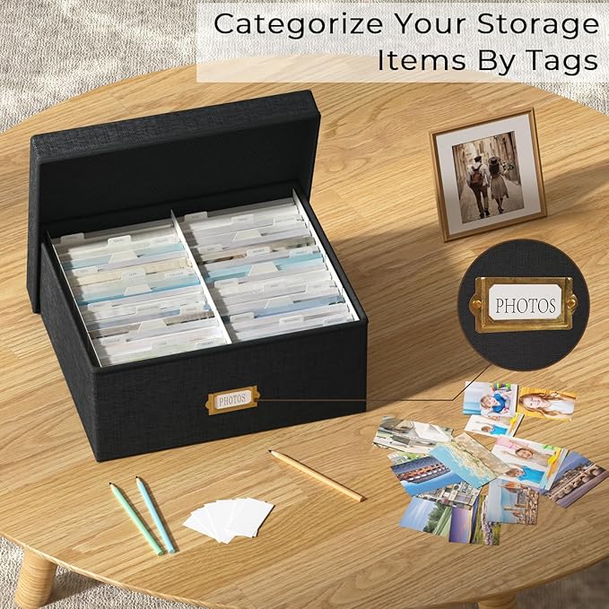 Decorative Photo Storage Box - Linen Photo Box Organizer with Dividers, Fits Holds Up to 1700 Pictures and 4x6 Photos, Memory Keepsake Organizer for Photos, Scrapbook Supplies, Cards, Stamps (Black)