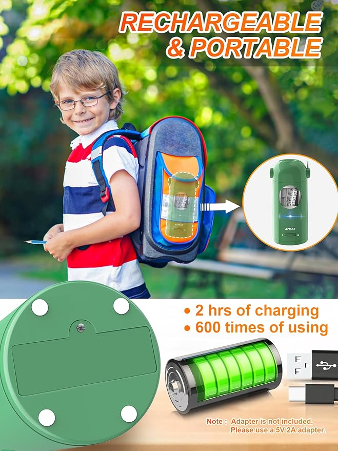 AFMAT Electric Pencil Sharpener, Fully Automatic Pencil Sharpener for Classroom, Robot Sharpeners for 7-11.5mm No.2/Jumbo/Colored Pencils, Auto in & Out, Rechargeable & Cordess, Hands-Free, PSX5,Green