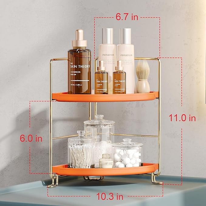 FSyueyun 2-Tier Corner Bathroom Counter Organizer, Tool-Less Installation Corner Vanity Organizer Small Plastics Countertop Makeup Tray Skincare Perfume Organizers (Gold & Orange)