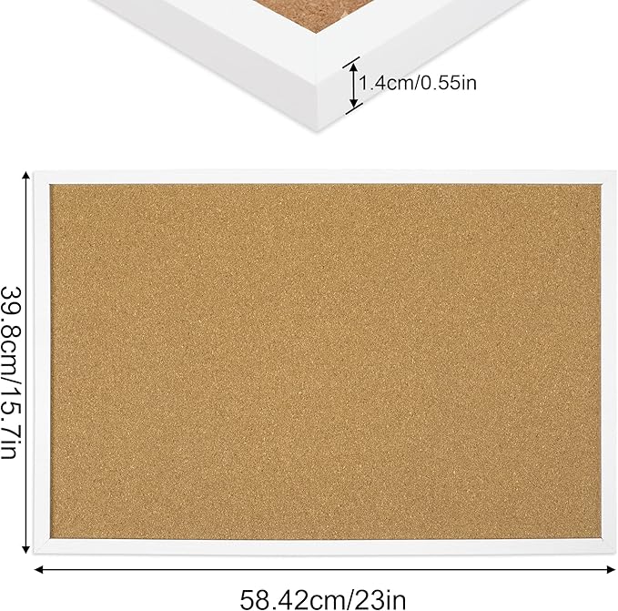 FEBSNOW Cork Board Bulletin Board 23 x 15.7 Inches with Rectangle White Frame Hanging Pin for Walls Office Message Board or Vision Board Decoration