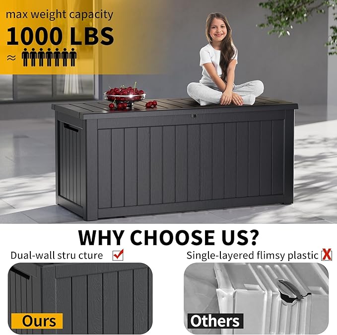 Yardgrace Heavy-Duty 270 Gallon Waterproof Deck Storage Box, Outdoor Storage for Garden & Patio, Lockable Resin Storage Chest for Pool Accessories, UV-Resistant, Onyx Black