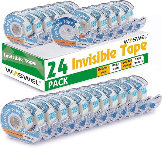 WOSWEL Tape Refills with Dispenser, 24 Roll Invisible Tapes, 3/4 Inch X 1000 in, Gift Wrapping Tapes Supplier for Valentine's Day Home School Office Use