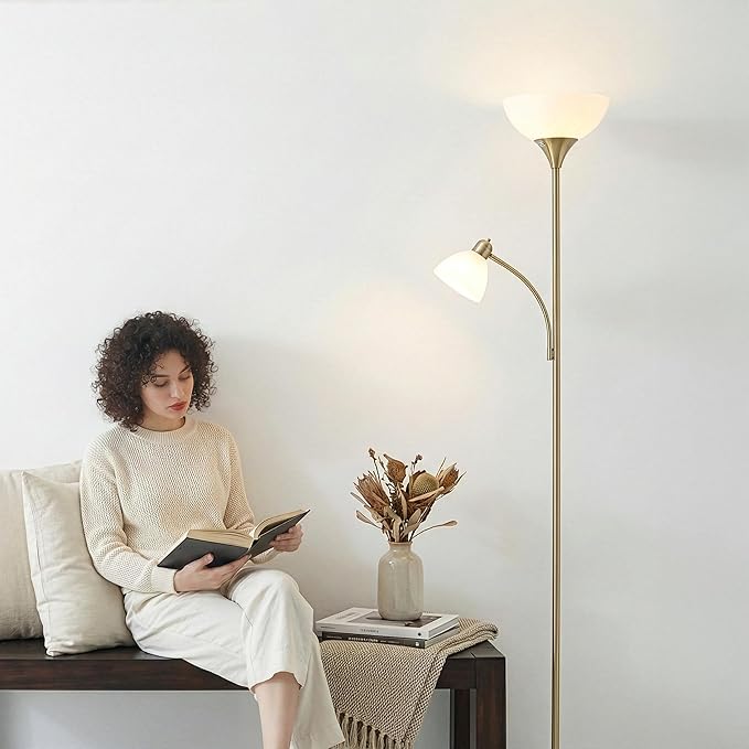 Brightech Sky Dome Plus LED Floor lamp, Torchiere Super Bright Floor Lamp with Reading Lamp for Living Rooms & Offices - Dimmable Tall Standing Lamp for Bedroom Reading - Gold Brass