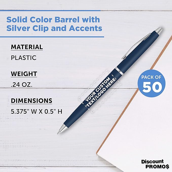 DISCOUNT PROMOS Custom Langham Ballpoint Pens Set of 50, Personalized Bulk Pack - Black Ink, Great for Office, School, Business, Tradeshows - Navy Blue