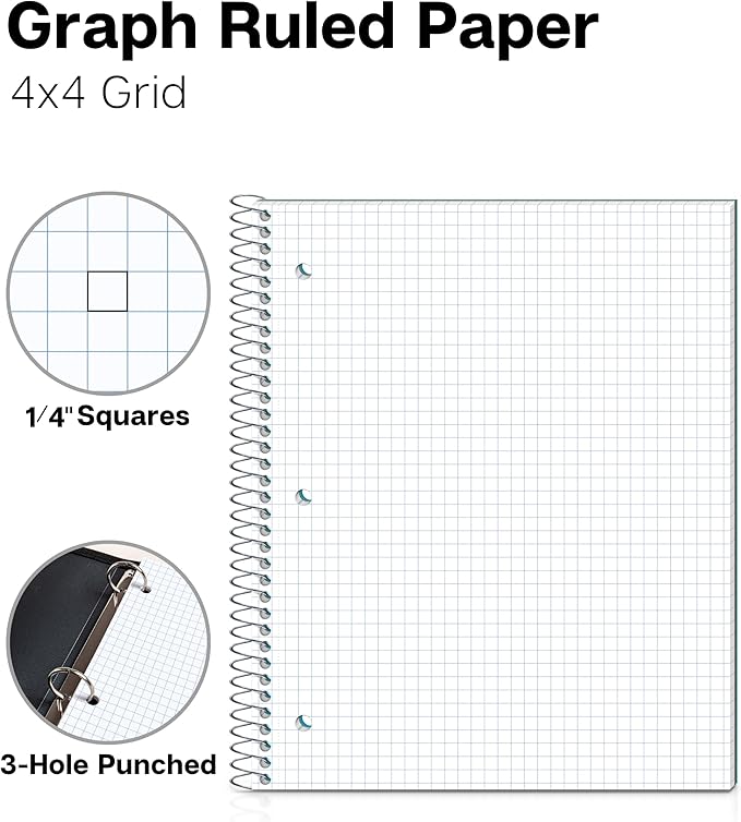 Dunwell Graph Paper Notebook 8.5 x 11 (Blue) Plastic Cover, 100 Sheets (200 Pages), 4x4 Squares, 1 Subject Graph Paper Spiral Notebook, 1/4" Grid, Pocket Divider, Easy Tear-Off, 3-Hole Punched