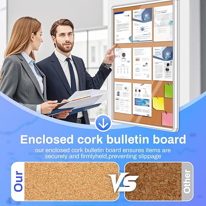 Magula 36"x24" Enclosed Bulletin Board Tamper-Proof Dispaly Case, Aluminium Frame, Shatter Resistant Lockable Bulletin Board, Enclosed Cork Board for School, Office, Commercial, Hospital etc