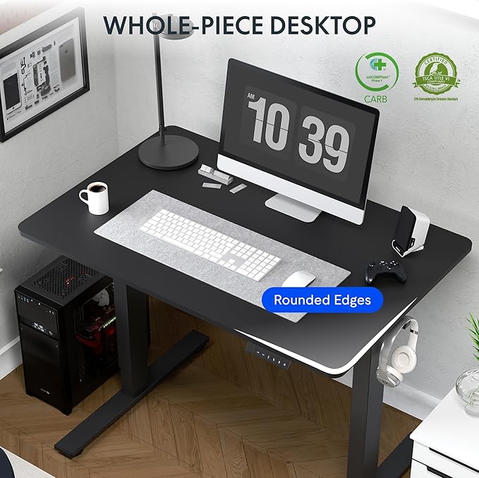 FLEXISPOT One-Piece Electric Standing Desk, 40 x 24 Inches Adjustable Desk with Seamless Desktop, Memory Controller Height Adjustment (Black Frame + Black Desktop, 2 Packages)