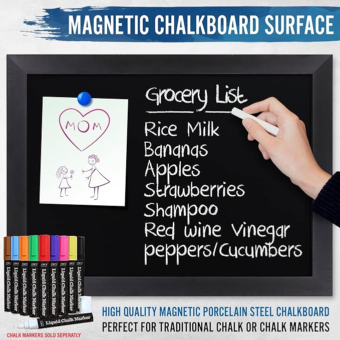 HBCY Creations 18" x 24" Rustic Black Solid Wood Frame Wall Chalkboard, Magnetic Surface, Home Décor, Restaurant & Café Menus, Blackboard, Includes Chalk, Eraser & Hanging Hardware