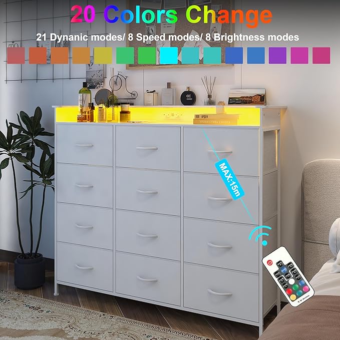 Welfuturer White Dresser with LED Lights and Charging Station for Bedroom 12 Drawers Dressers & Chest of Drawers Tall Dressers for Hallway Entryway Closets Living ROM Sturdy Steel Frame Wood Top