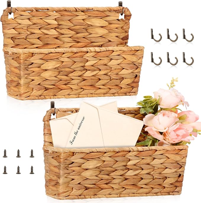 2 Pcs Woven Mail Holder Wall Mount Basket Rattan Wall Letter Holder Wicker Hanging Magazine Rack Water Hyacinth Magazine Basket Wall File Folder Hanging Storage Basket with Hooks for Envelope Office