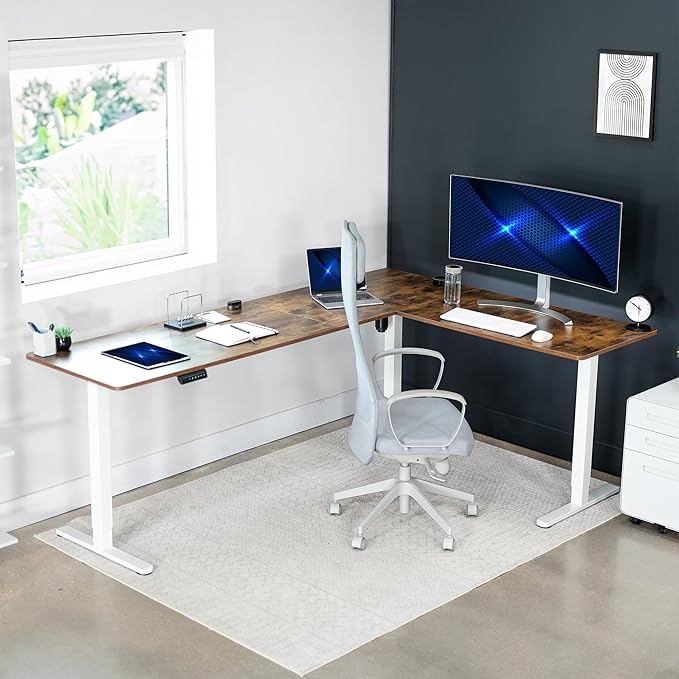 VIVO Electric Corner 84 x 63 inch L-Shaped Standing Desk, Memory Height Adjustment, Rustic Vintage Brown Top White Frame, DESK-E3CTWN-84