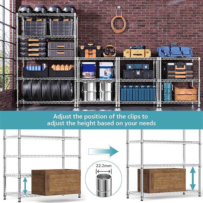 M MZG 5-Shelf Storage Shelves,Wire Shelving Heavy Duty Metal Storage Shelving Unit Adjustable Garage Shelving Rack Pantry Kitchen (Chrome, 5 Tier,17.7" D x 47.2" W x 76.7" H)