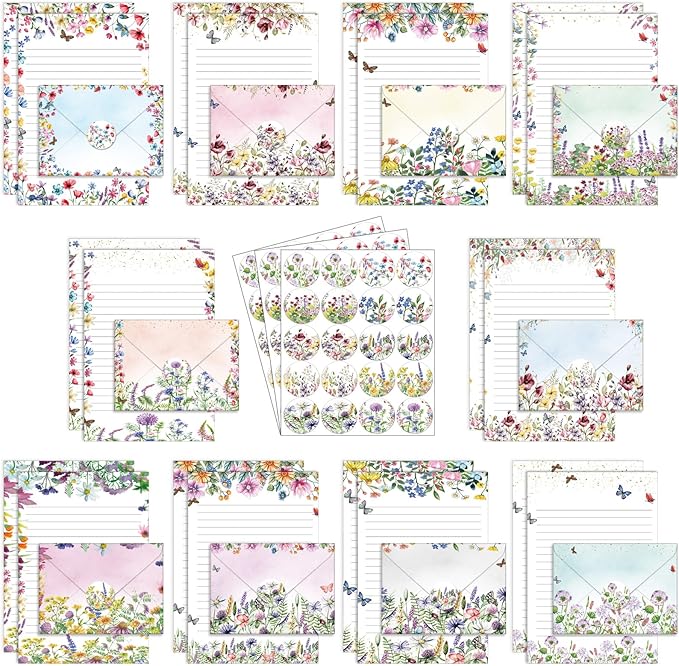 TaoBary 160 Pcs Stationery Paper Set 50 Double Sided Stationery Papers with 50 Matching Envelopes and 60 Round Dot Sticker, 10 Design(Wildflower,5.5 x 8.25 Inch)