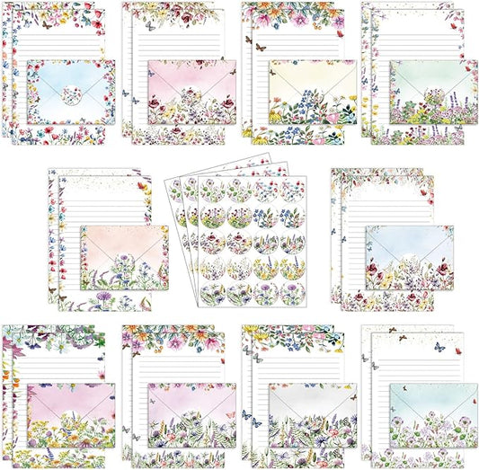 TaoBary 160 Pcs Stationery Paper Set 50 Double Sided Stationery Papers with 50 Matching Envelopes and 60 Round Dot Sticker, 10 Design(Wildflower,5.5 x 8.25 Inch)