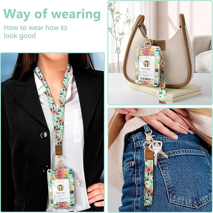 bolimoss Floral Lanyard Wallet, Cute Teacher Lanyards for ID Badges Keychain Wallet,Badge Holder with Zip Pocket, ID Holder Wallet with Neck Wrist Lanyard for Women Nurse Teacher Student (Green)