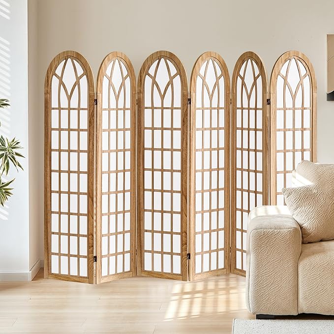 Asnefeli 6 Panel Japanese Room Divider, Shoji Style Partition Divider, Fully Assembled Wooden Privacy Screen for Home Office Bedroom Apartment Decoration, Natual