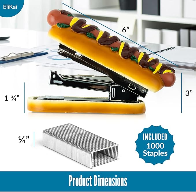 ELIKAI Hot Dog Stapler, Funny Gifts for Teachers and Principals, Unique Desk Accessory, Ideal Back-to-School Gift for Classroom or Teacher Lounge Decor, Includes 1000 Staples, Brown, 7 oz