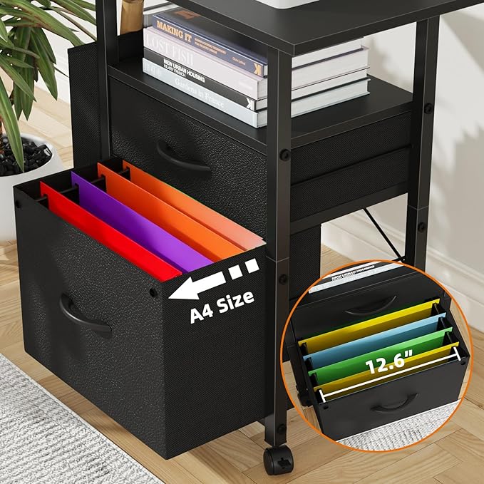 GYIIYUO 2 Drawer File Cabinet with 24'' Extended Desktop, Mobile Filing Cabinet, Rolling File Cabinet with Side Bag, Fabric Drawer, Fits A4/Letter Size, Printer Stand Home Office, Black