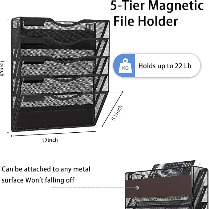 LQPAFZ 5-Tier Magnetic File Holder, No Drilling Installation File Cabinet Organizer, Black Magnetic File Organizer, Magazine Rack, Magnetic Paper Holder for Refrigerator, File Cabinets, Whiteboard