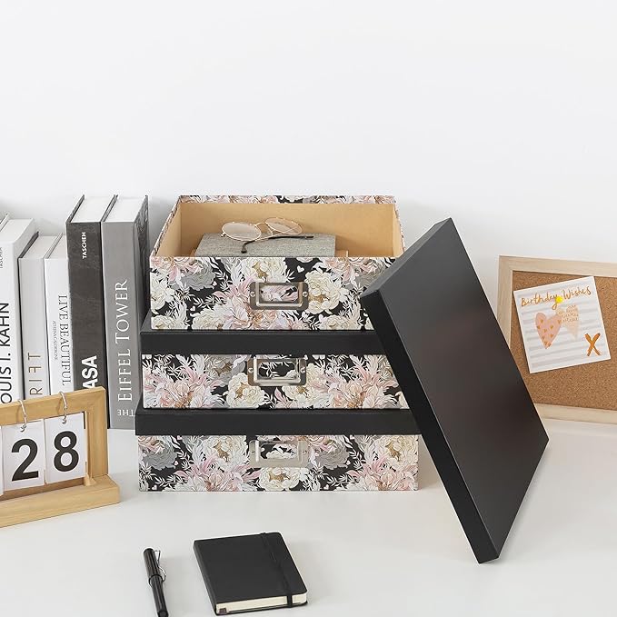 Soul & Lane Decorative Storage Boxes with Lids for Organizing, Set of 3 Floral Jumbo Scrapbook Letter Storage Boxes for Documents, Photos, Keepsakes, Memories, Garden Noir