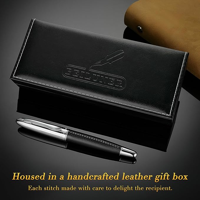BEILUNER 318 Luxury Personalized Leather Pen, Hand-Stitched Premium Black Leather, Chrome-Plated Finish, Schmidt Refill, Fancy Rollerball Pen Gift Set for Men & Women, Executive, Nice Designer pen
