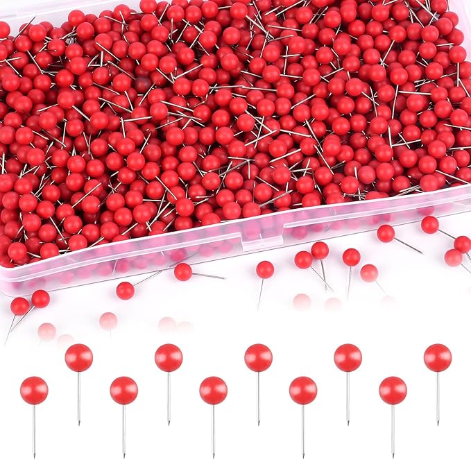 1000 Pcs Multi-Color Push Pins, Map Pins for Travel Map, Small Map Tacks with Plastic Beads Head for Cork Board (Red, 1/4 ")