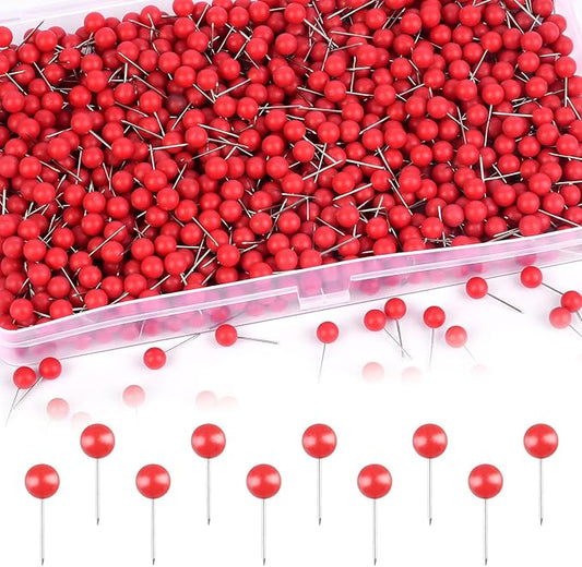 1000 Pcs Multi-Color Push Pins, Map Pins for Travel Map, Small Map Tacks with Plastic Beads Head for Cork Board (Red, 1/4 ")